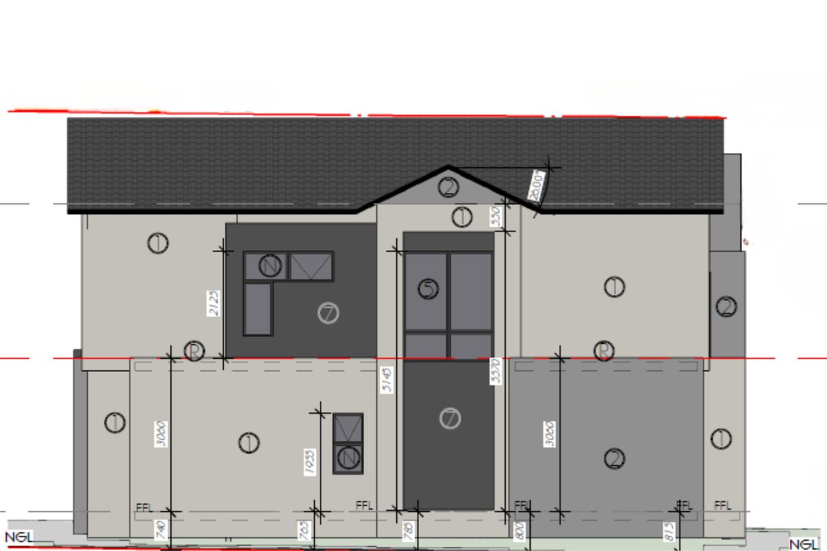Architectural elevation drawing showing the proposed facade design, roof pitch, and window placement for the residential property.