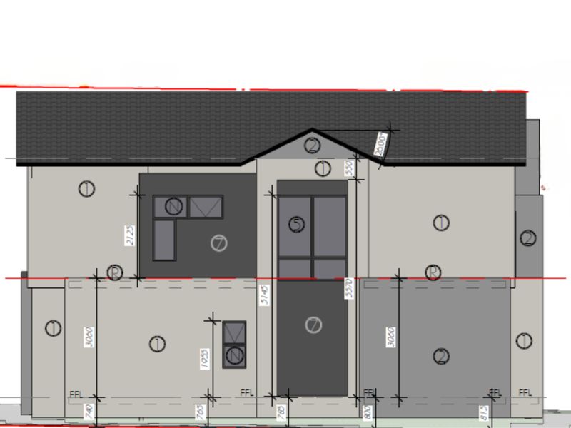 Architectural elevation drawing showing the proposed facade design, roof pitch, and window placement for the residential property.