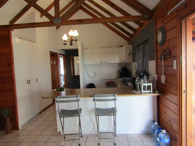 Open plan kitchen and living area featuring exposed timber roof trusses, timber wall cladding, tiled flooring, and a functional breakfast bar.