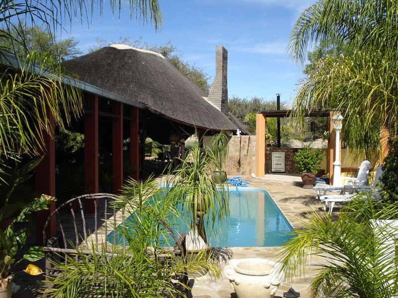 Outdoor pool area featuring a thatched lapa, stone paving, and a built-in braai facility, set within a landscaped garden environment.