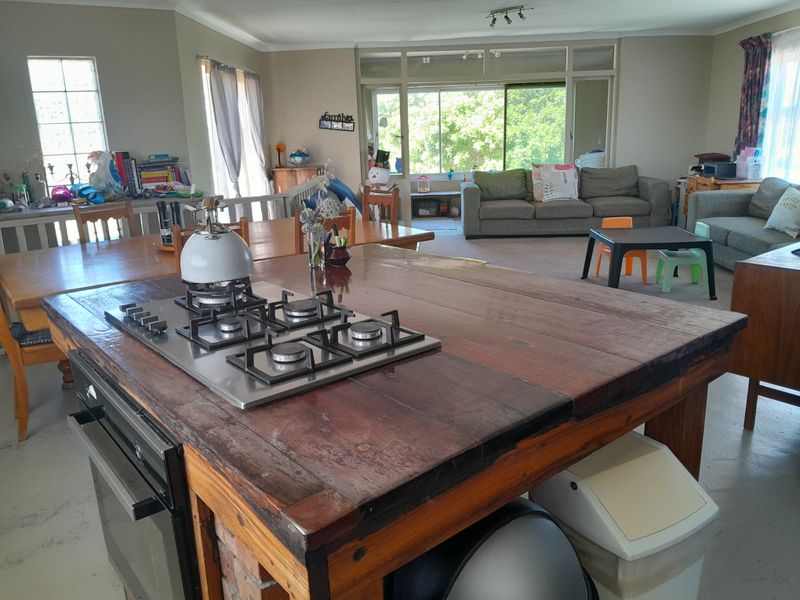 Spacious open-plan living area featuring a large timber kitchen island with a built-in gas hob and oven, flowing into a bright lounge space.
