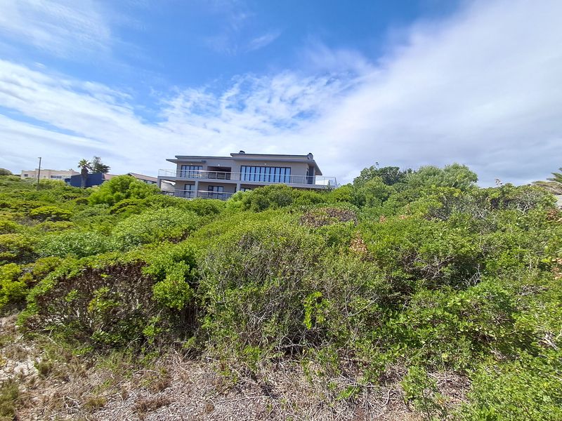 A view of a residential property set behind dense, natural coastal vegetation and fynbos, showcasing the building's exterior facade and balconies.