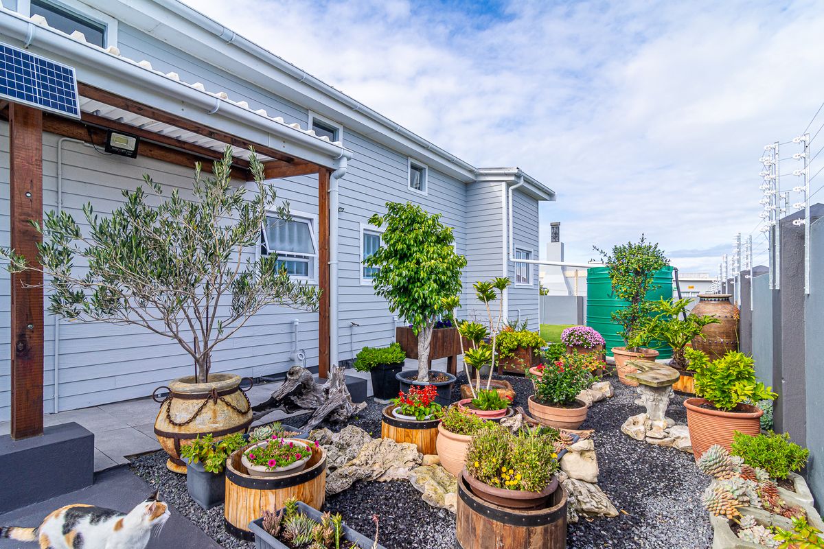 A well-maintained rear exterior area featuring a timber pergola, solar panel installation, and a landscaped garden with gravel and potted plants.