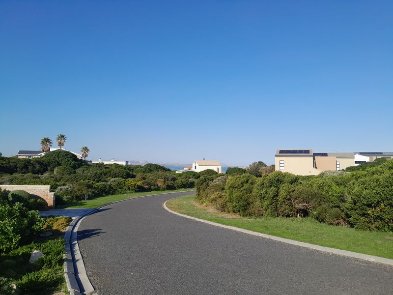 A view of a paved residential street within a coastal estate, featuring manicured verges and surrounding native vegetation.