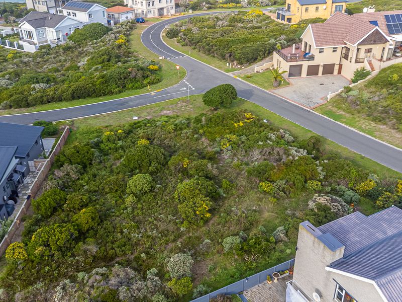 An aerial view of a vacant residential plot covered in native vegetation, situated within an established coastal neighborhood.