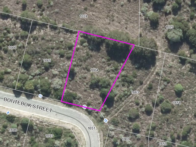 Aerial view of a vacant residential plot located on Bontebok Street, showing property boundaries and surrounding landscape.