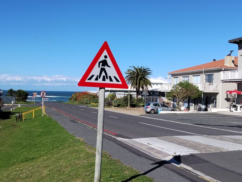 A street view showing a pedestrian crossing sign, asphalt road, and paved crossing area in a coastal residential neighborhood.