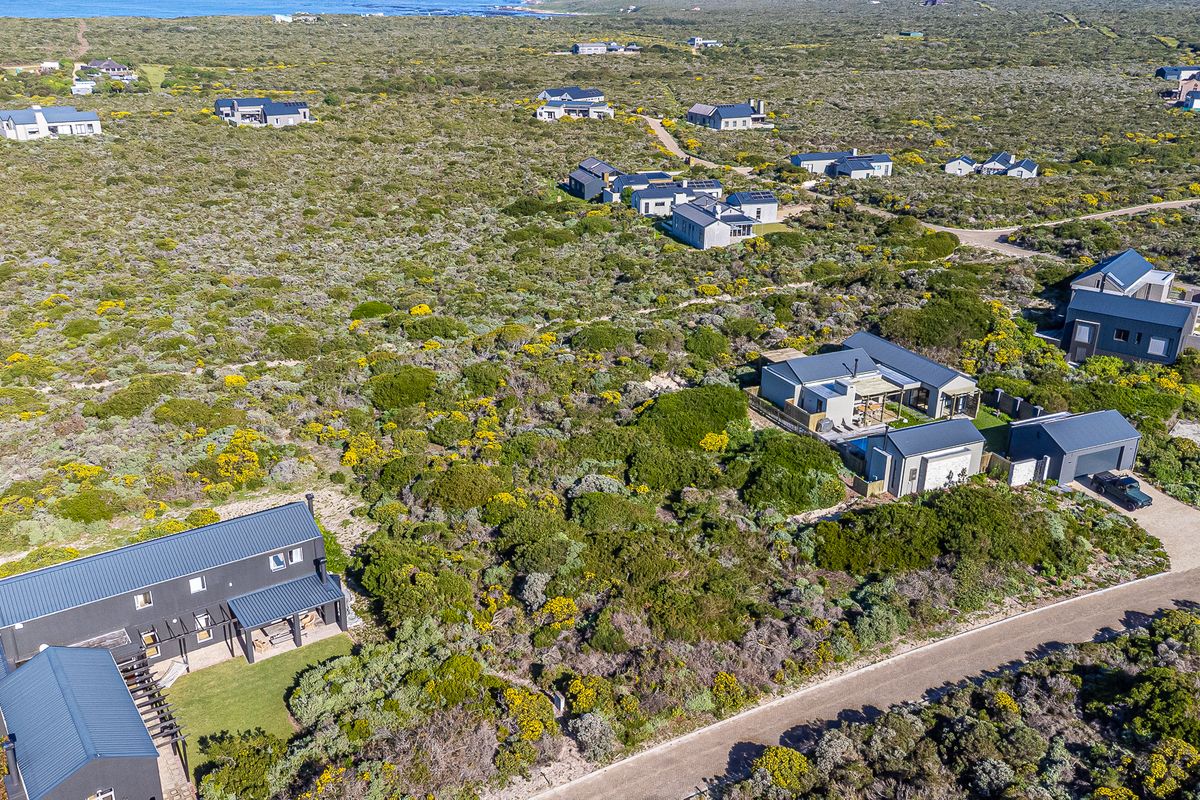 Aerial view of a residential estate featuring modern homes nestled within natural coastal fynbos vegetation and gravel access roads.