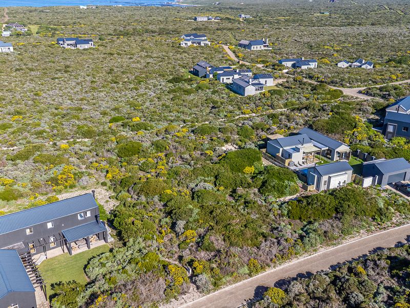 Aerial view of a residential estate featuring modern homes nestled within natural coastal fynbos vegetation and gravel access roads.