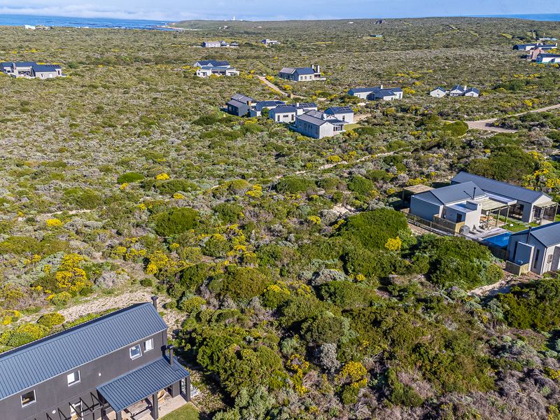 An aerial view of a coastal residential estate featuring modern homes nestled within natural fynbos vegetation and surrounding landscape.