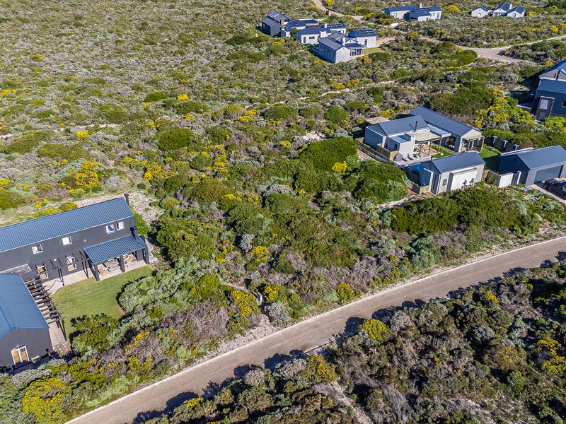 An aerial view of a residential estate featuring modern homes with metal roofs set within a natural fynbos landscape and gravel access roads.