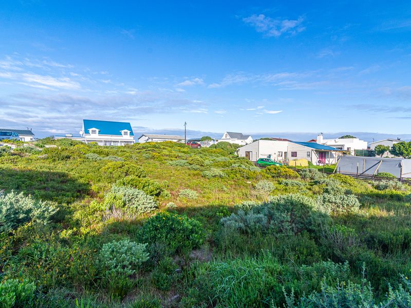 A view of a sloped, undeveloped residential plot covered in natural fynbos vegetation, with neighboring houses visible in the background.