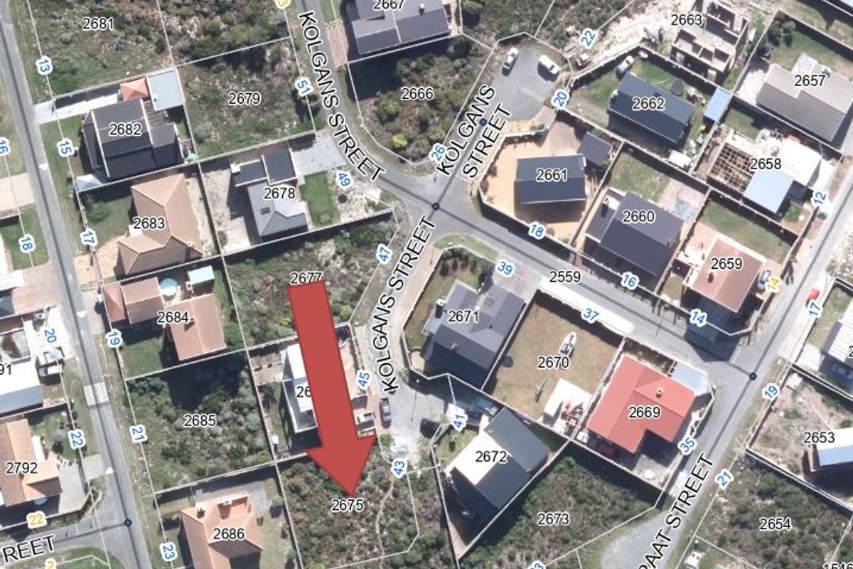 An aerial view of a vacant residential plot located on Kolgans Street, showing the property boundaries and surrounding neighborhood development.