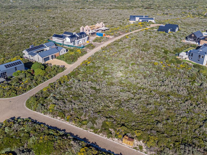 Aerial view of a residential estate featuring paved roads, native vegetation, and several modern homes with solar installations.
