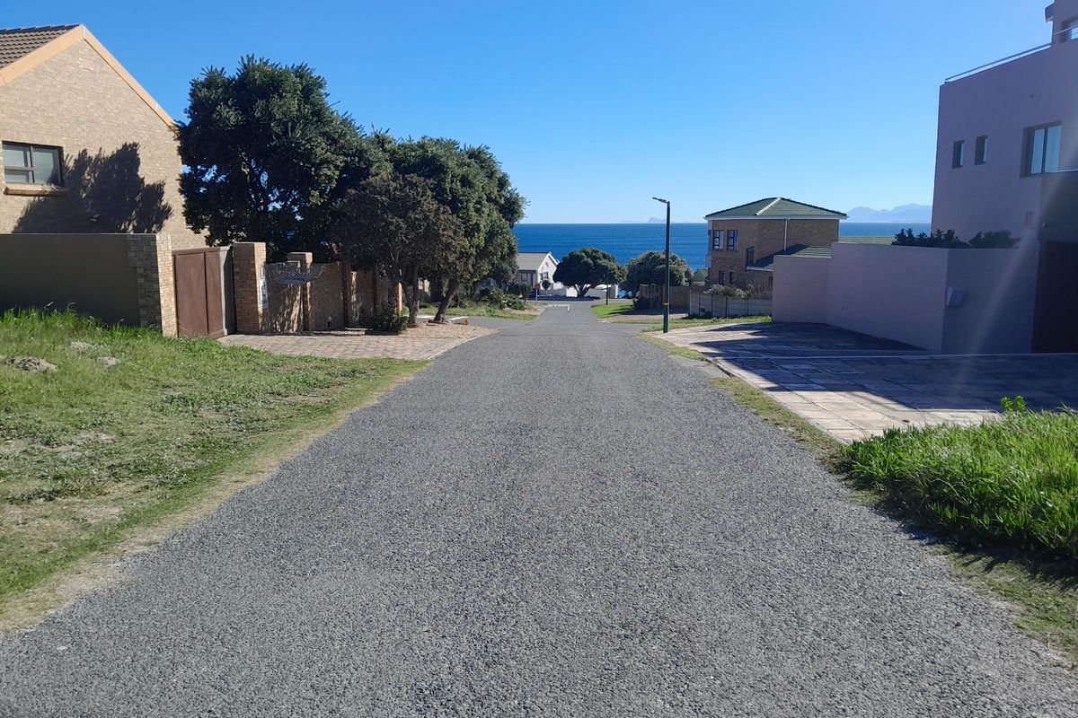 A view looking down a paved residential street towards the ocean, flanked by established residential properties and boundary walls.