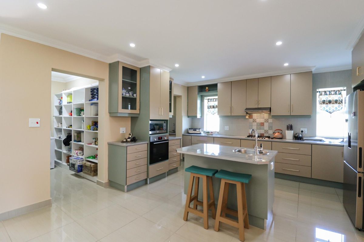 Modern kitchen featuring two-tone cabinetry, a central island with sink, built-in appliances, and an adjacent walk-in pantry with ample storage shelving.