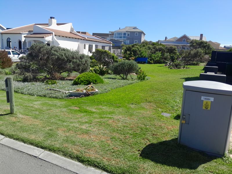 A well-maintained residential garden area featuring established shrubs, lawn, and a street-side electrical utility box.