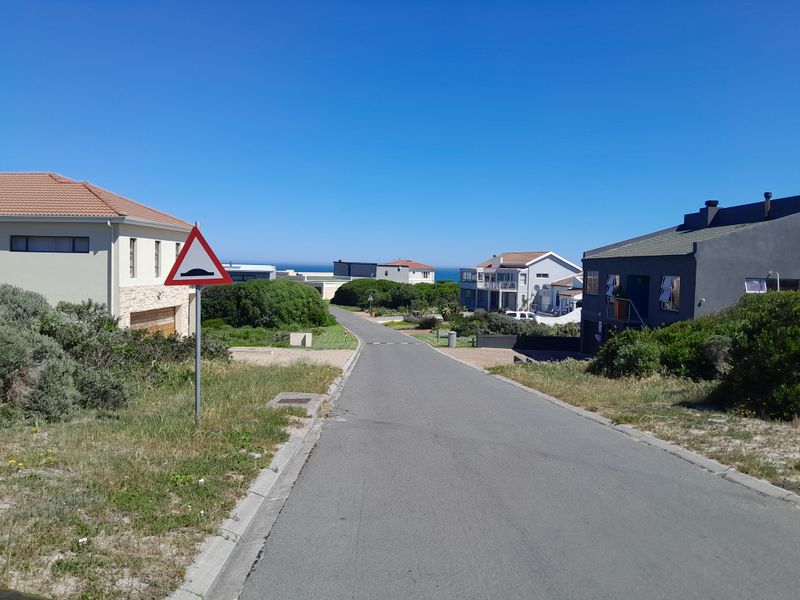 A clear street view of a residential neighbourhood road with surrounding homes and distant ocean views.