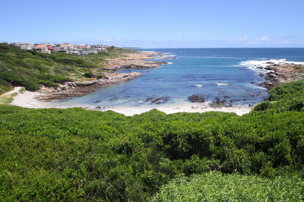 A scenic elevated view of the coastline, featuring a sandy beach, rocky shoreline, and the ocean, with residential properties visible in the distance.