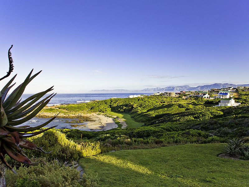 A scenic coastal view overlooking the ocean, natural vegetation, and nearby residential properties.