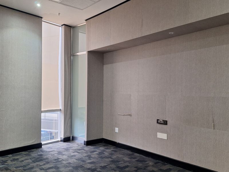 A vacant office space featuring carpet tiles, suspended ceilings with recessed lighting, and large windows providing natural light.
