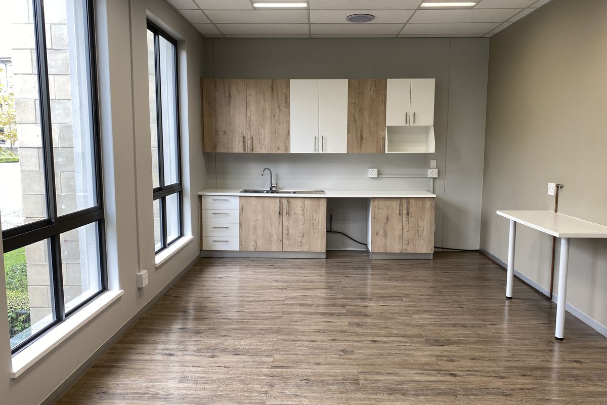 A modern office kitchenette featuring wood-grain and white cabinetry, a stainless steel sink, and durable wood-look flooring with large windows providing natural light.