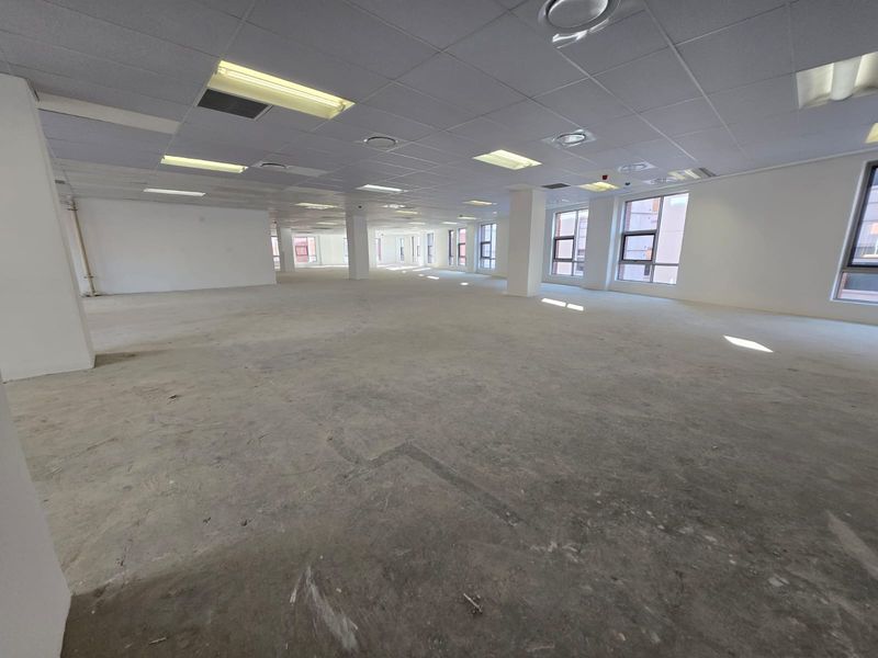 A large, open-plan office space featuring a suspended ceiling, recessed lighting, structural columns, and expansive windows, currently awaiting final flooring installation.