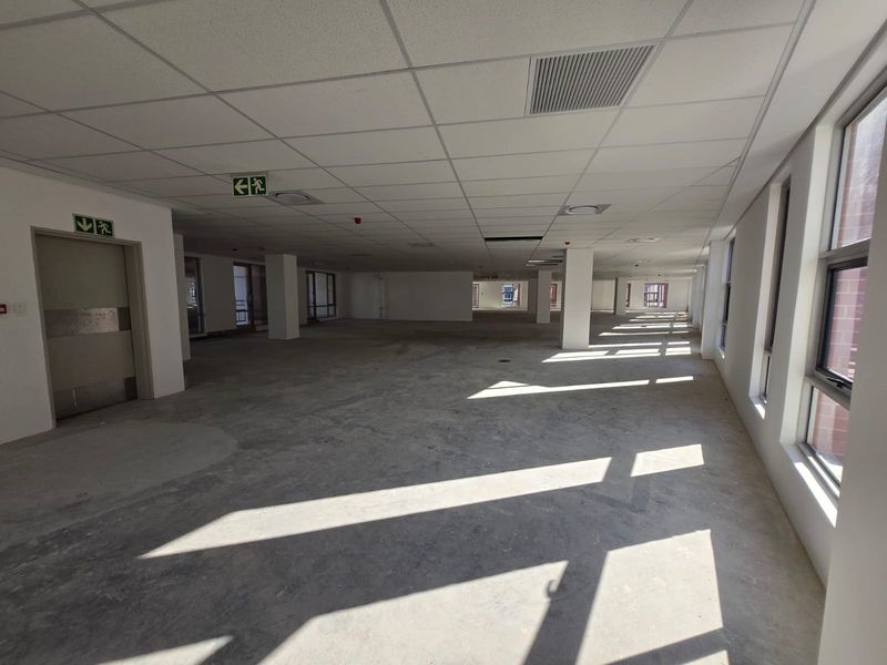 A large, open-plan office space featuring a suspended ceiling, structural columns, and expansive windows, currently in a shell condition awaiting fit-out.