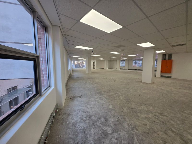 A spacious, open-plan office area featuring a suspended ceiling, recessed lighting, and large windows, currently in a shell condition with unfinished concrete flooring.