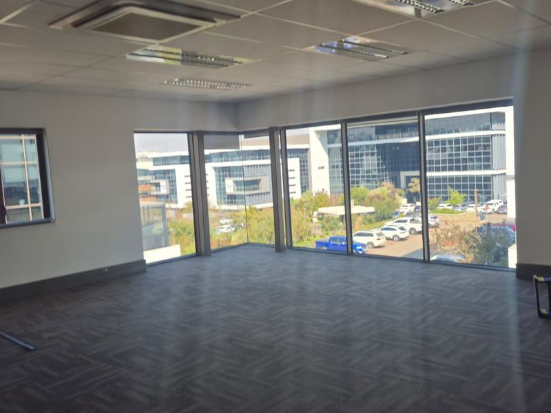 A bright, open-plan office space featuring large floor-to-ceiling windows, modern carpet tiles, and a suspended ceiling with recessed lighting.