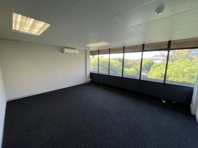 A bright, empty office space featuring carpeted flooring, a suspended ceiling with recessed lighting, a wall-mounted air conditioning unit, and large windows with exterior views.