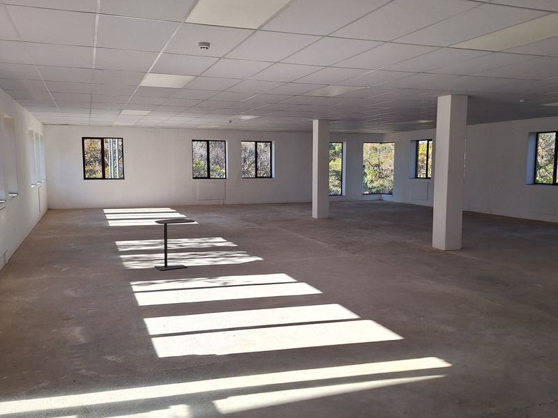 A spacious, open-plan office area featuring a suspended ceiling, structural columns, and large windows providing ample natural light.