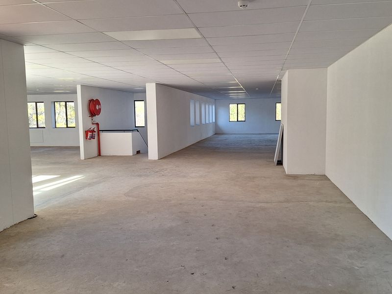 A large, open-plan office space featuring a suspended ceiling, fire safety equipment, and unfinished concrete flooring, ready for custom fit-out.