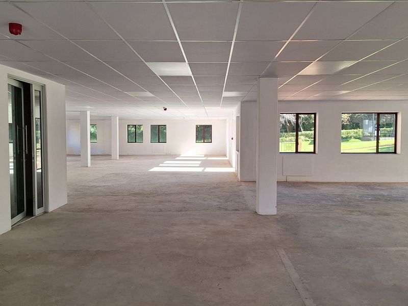 A spacious, open-plan office area featuring a suspended ceiling, structural columns, and large windows providing ample natural light, currently in a shell condition.