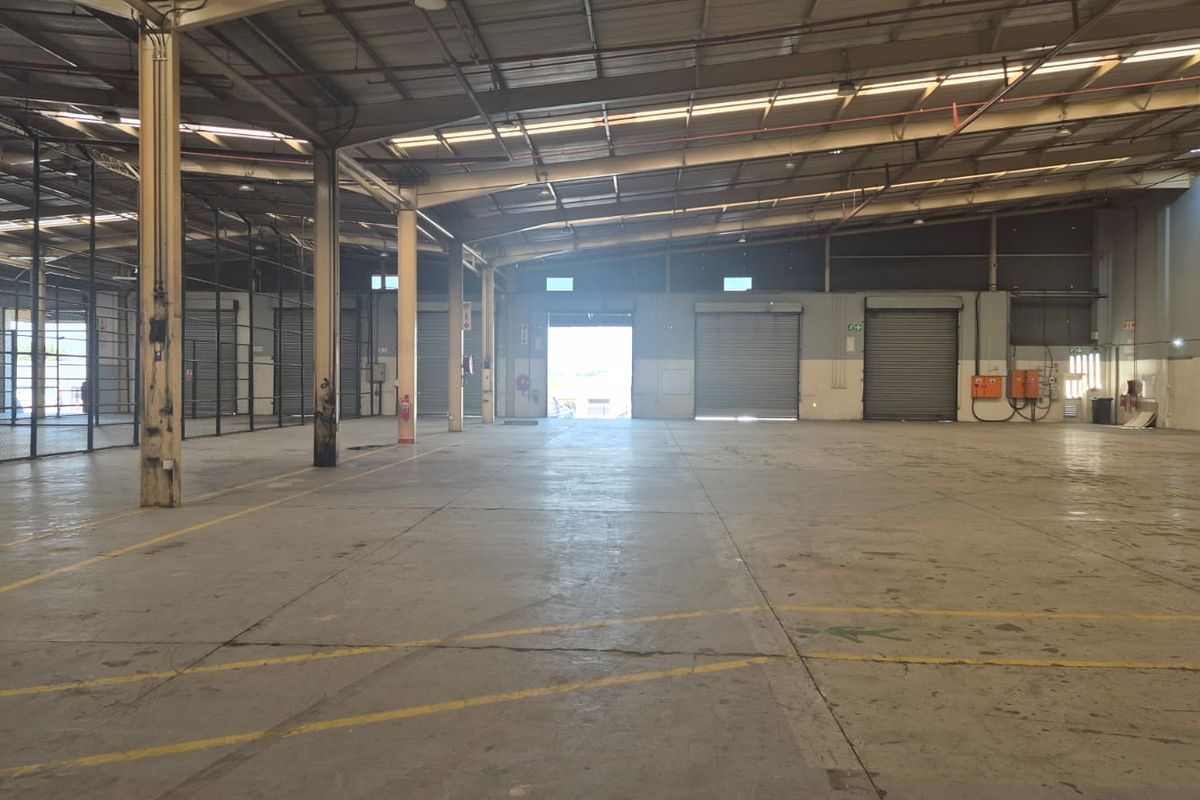 Spacious industrial warehouse featuring high ceilings, concrete flooring, multiple roller shutter doors, and secure wire mesh partitioning, suitable for storage or manufacturing operations.