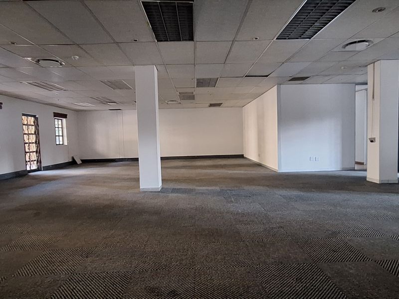 A large, open-plan office space featuring suspended ceilings, recessed lighting, and carpeted flooring, offering a versatile layout for various business configurations.