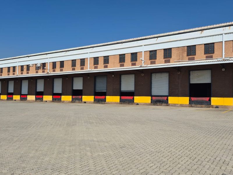 Industrial warehouse exterior featuring multiple loading docks with roller shutter doors, dock levelers, and a large paved yard area.