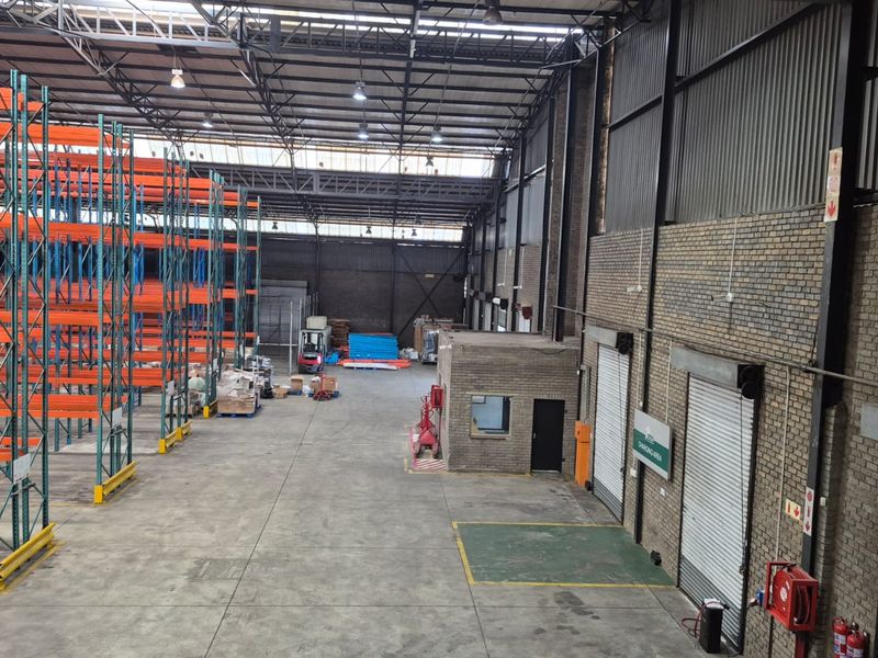 Spacious industrial warehouse featuring high-clearance steel roof trusses, extensive racking systems, concrete flooring, and multiple roller shutter doors for efficient logistics operations.