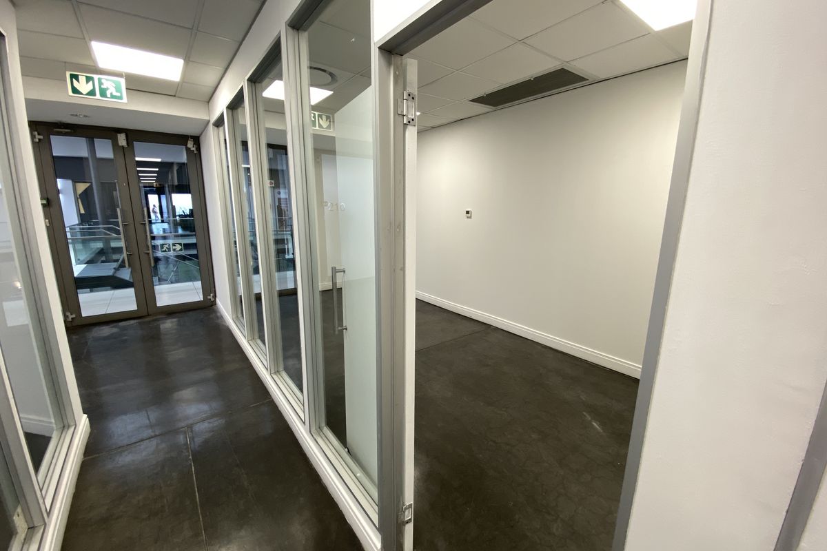 A modern, empty office space featuring glass partition walls, polished concrete flooring, and a suspended ceiling with recessed lighting.
