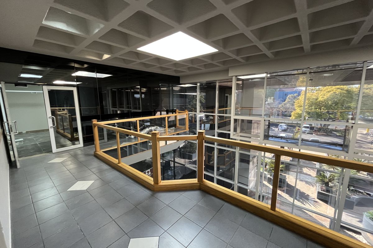 A bright, modern office mezzanine area featuring a distinctive coffered ceiling, glass balustrades with timber handrails, and expansive windows overlooking the building exterior.