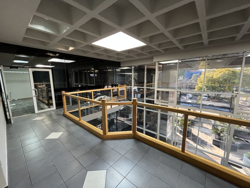 A bright, modern office mezzanine area featuring a distinctive coffered ceiling, glass balustrades with timber handrails, and expansive windows overlooking the building exterior.