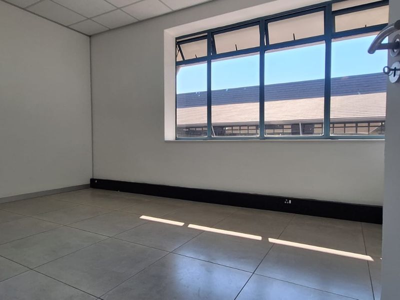 A bright, empty office space featuring large aluminium-framed windows, tiled flooring, and a suspended ceiling, suitable for a professional workspace.