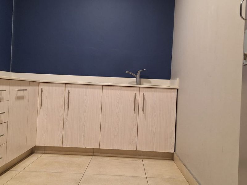 A clean, empty office kitchenette featuring light wood-grain cabinetry, tiled flooring, and a modern sink, providing a functional space for staff.
