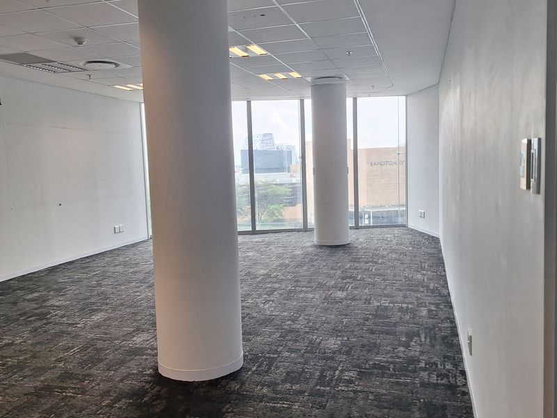 An empty, open-plan office space featuring large floor-to-ceiling windows, structural columns, a suspended ceiling with recessed lighting, and modern carpeted flooring.