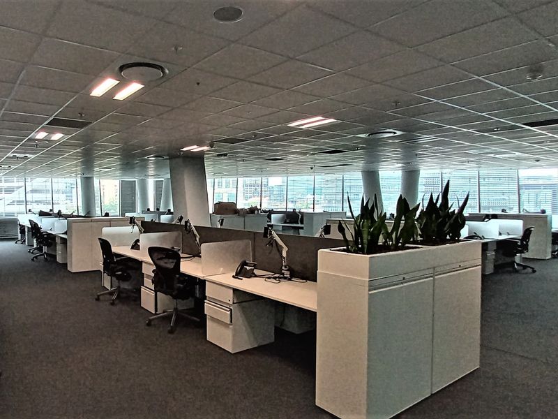 Spacious open-plan office area featuring modern built-in desk workstations, suspended ceilings with recessed lighting, and expansive windows providing ample natural light.