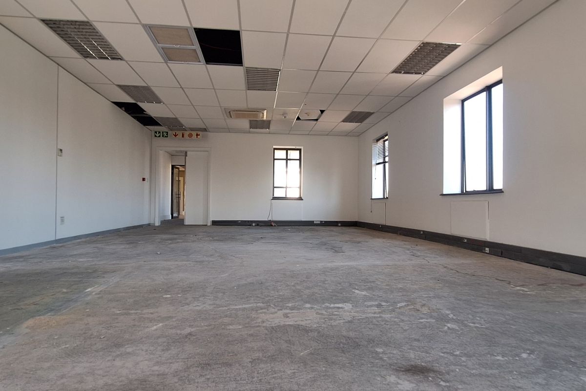 An empty, open-plan office space featuring a suspended ceiling with missing tiles and unfinished concrete flooring, offering a blank canvas for renovation.