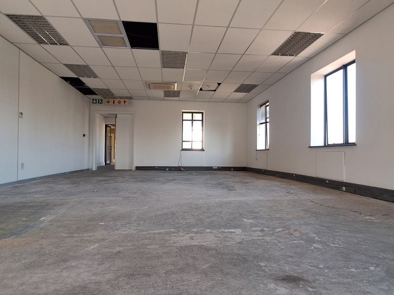 An empty, open-plan office space featuring a suspended ceiling with missing tiles and unfinished concrete flooring, offering a blank canvas for renovation.