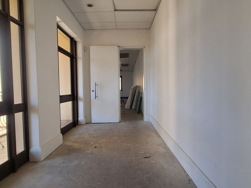 A vacant office hallway featuring a suspended ceiling, recessed lighting, and access to adjacent office spaces through glass-paneled doors.