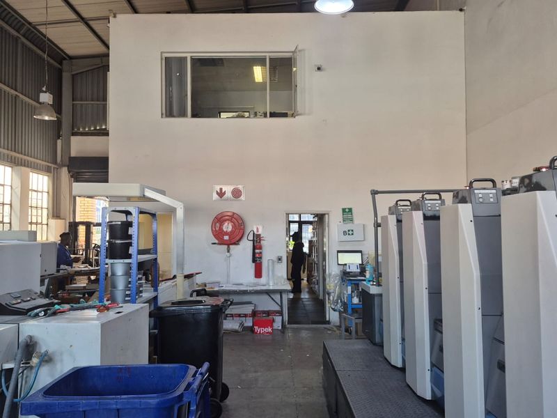 Industrial warehouse space featuring high ceilings, exposed steel structure, mezzanine office window, and integrated fire safety equipment.