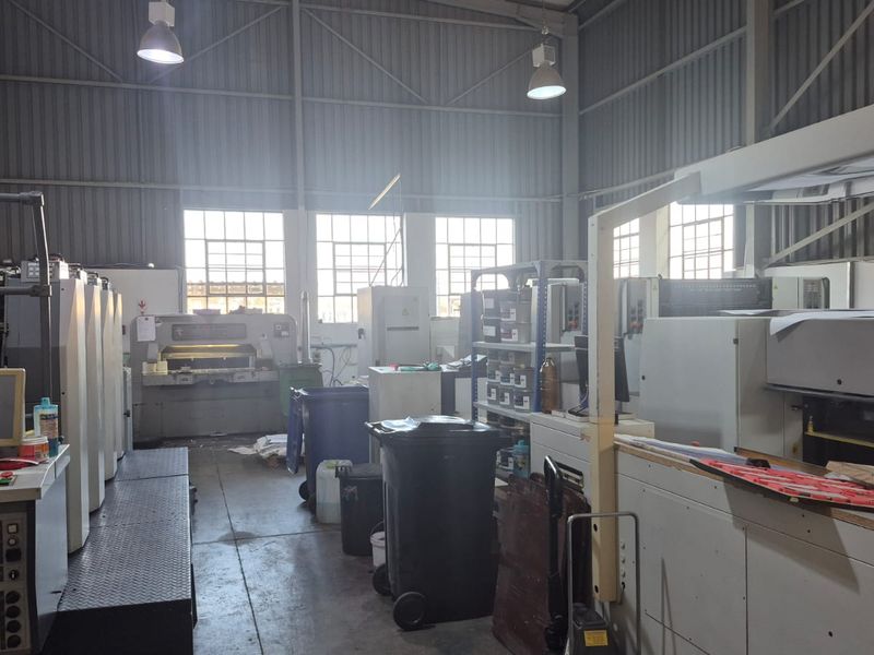 Industrial workshop space featuring high-bay lighting, concrete flooring, and large multi-pane windows, currently utilized for printing operations.